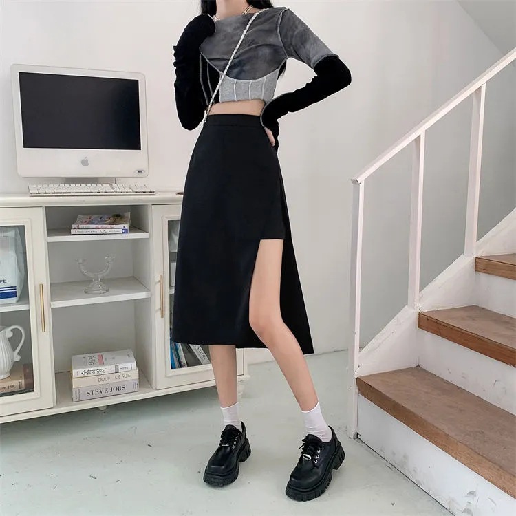 Picture of 2022 Autumn plus size chubby girl Long Black Skirt Women's High Waist Slimming Split Hip Covering A- shaped Hip Skirt