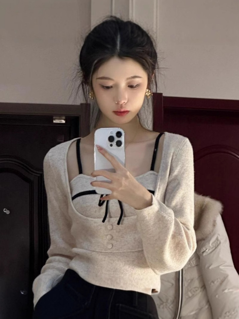 Korean Sexy Pure Lust Style High-Bottom Long-Sleeved T-Shirt for Women in Spring & Fall Layered Bottoming Shirt Top Two-Piece Set Ins