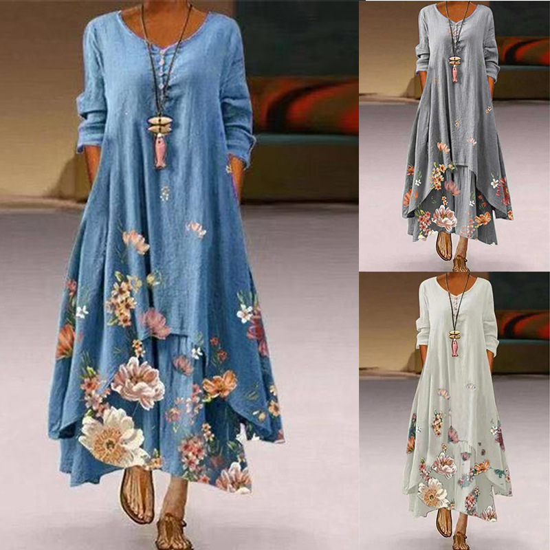 2023 New Aliexpress Amazon Popular Printed Long Sleeve Dress Women's Irregular Hem Long Dress