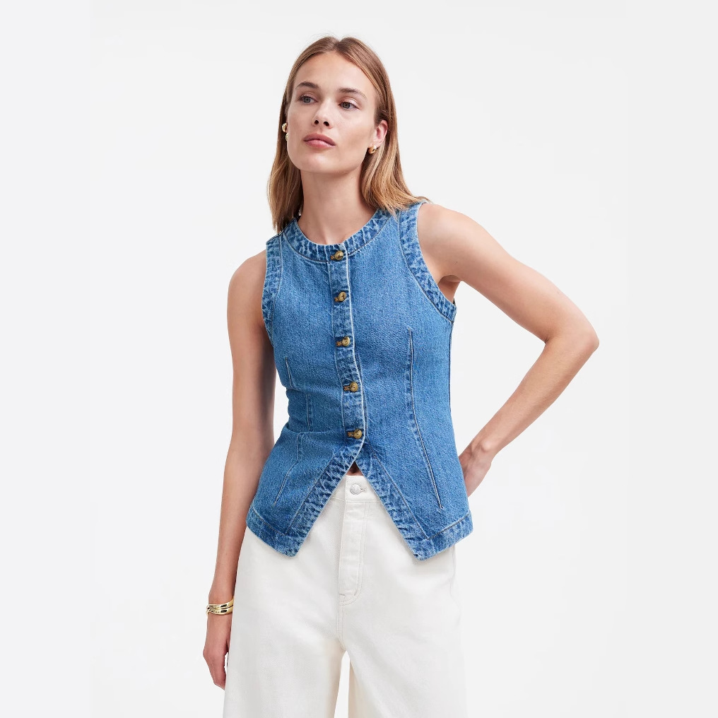 2025 Summer New European and American Cross-border Foreign Trade Sleeveless Slim-fit Slim-fit Denim Vest Women's Crewneck Waistcoat Vest