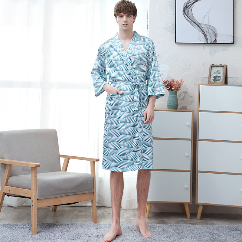 Picture of Couple ice silk bathrobe women's summer thin digital printing artificial silk nightgown men's plus size pajamas spring and autumn