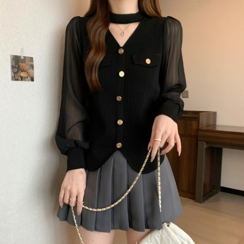 2024 Sweater Slim Look Cardigan Long-sleeved New Slim-fit Chanel Style Knitted Stitching Top Trendy