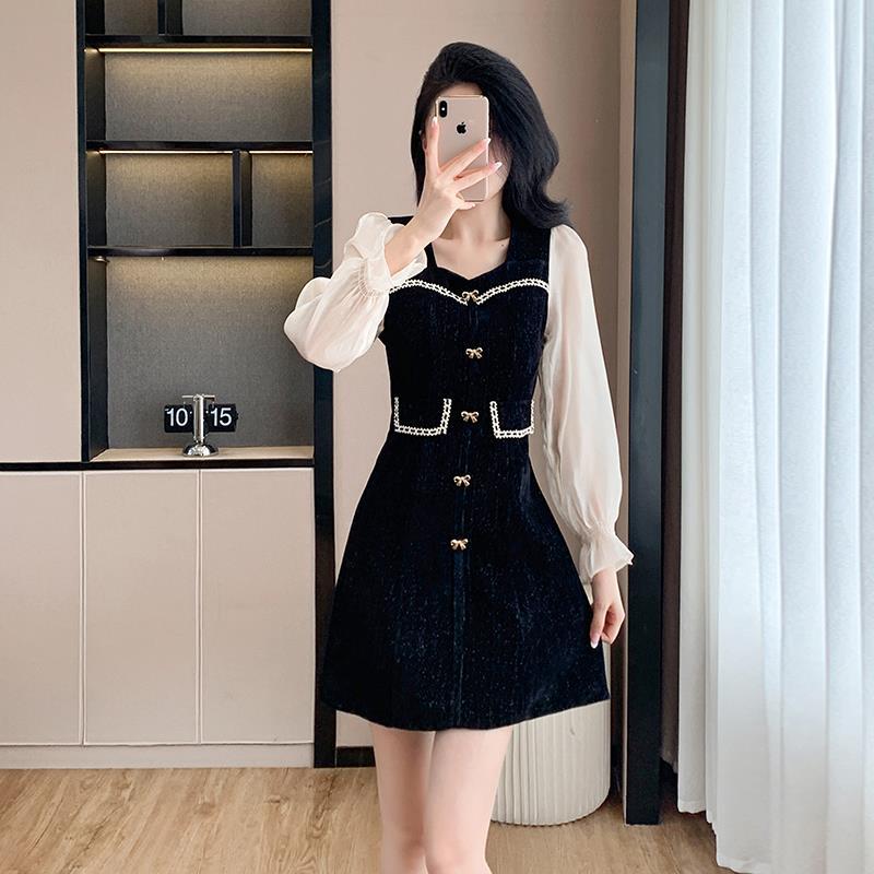 Real shot in stock autumn and winter lace stitching square collar small fragrance black slim dress