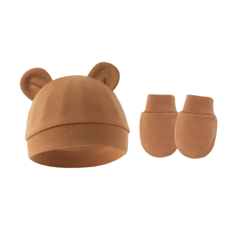 Picture of 2022 Foreign Trade Baby Fetal Hat Baby Pullover Cap Single Layer Bear Ear Hat Anti-scratch Gloves 2 Pieces Set