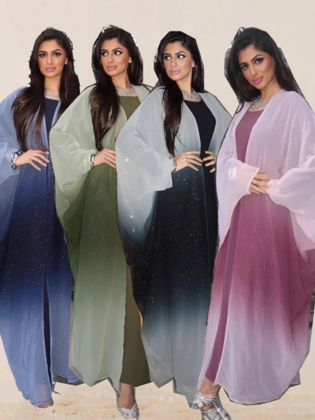 Cross-Border Middle Eastern Robe Women's Dubai Plus Size Cardigan Gradient Color Abaya Arabian Saudi Arabia