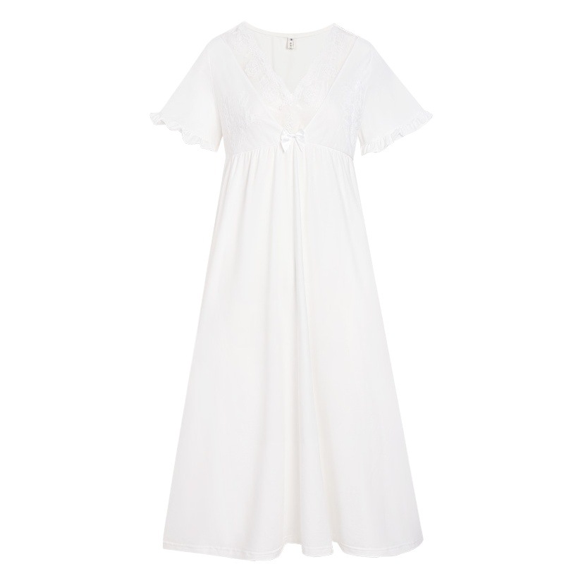 Short-Sleeved Nightgown for Women, Cotton, Retro Palace Style, Lace Princess Pajamas, Soft V Neck, Can Be Worn Outside, Home Clothes, Summer