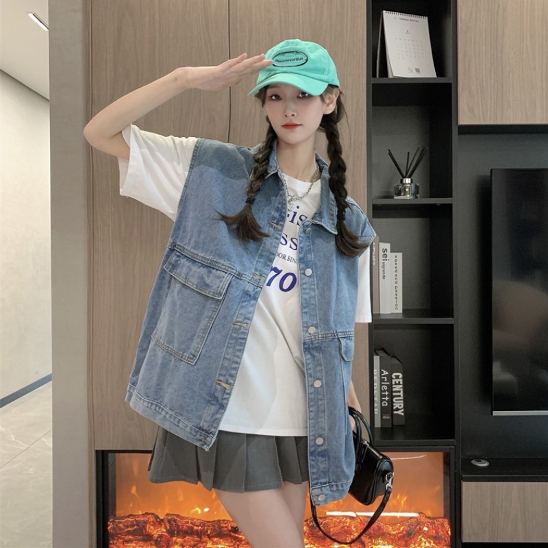 Picture of 2024 Spring Korean Style New Retro Hong Kong Style Vest Top Women's Mid-Length Waistoutwear Denim Vest Tops