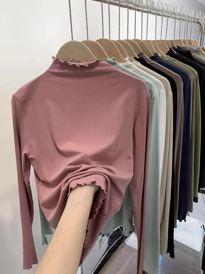 Wood-ear Half-high Collar Fleece Base Shirt Women's Spring and Autumn Winter 2025 New Slim-fit Slimming All-match Top