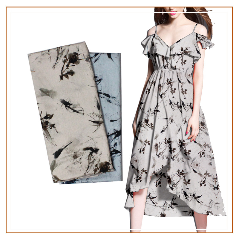 Ramie Tie-Dye Fabric dress Slip Skirt Short Skirt Women's Top Shirt Leaf Branch Printed Fabric