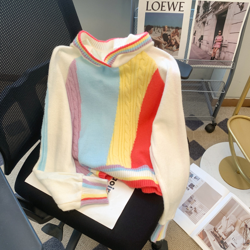 Picture of Niche Design Rainbow Stripesd Hooded Sweater for Women Thickeneded Autumn and Winter High Waist Loose Short Top Trendy Ins
