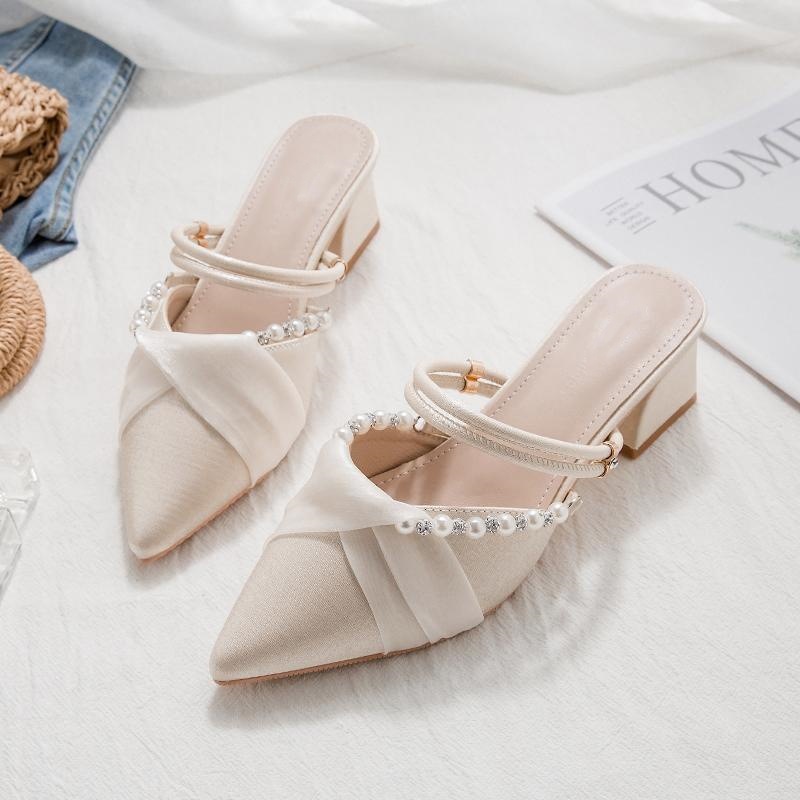 Thick Heel Pointed Toe Sandals Women's 2024 Summer New All-match Gentle Fairy Style French Style Baotou Sandals Women's Shoes