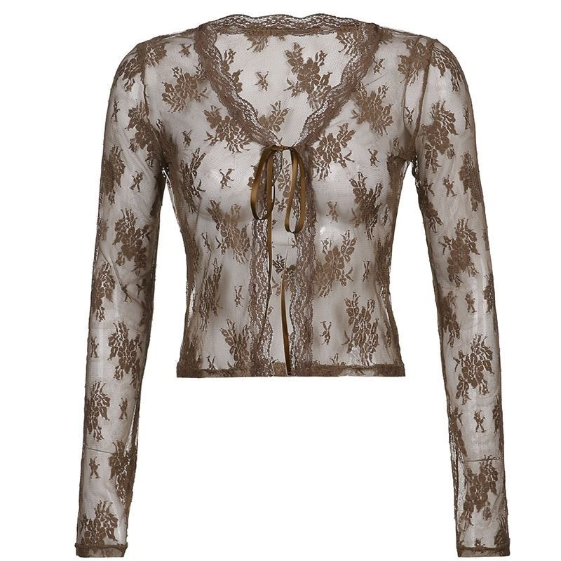 Picture of Cross-border Foreign Trade Sexy Spice Girl Lace Perspective Small Cardigan Women's Pure Desire Wind Lace-up Long Sleeve Sun Protection Cardigan Top