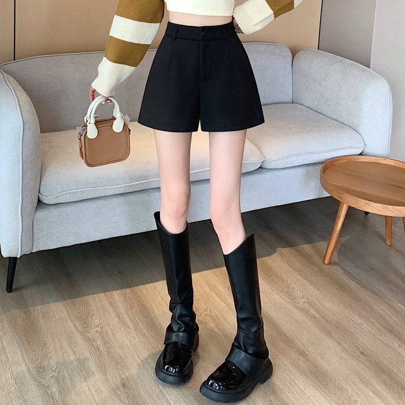 Casual wide-leg high waist wide-leg pants for women autumn and winter New Black 23 thick straight woolen 20a-line wide-leg shorts