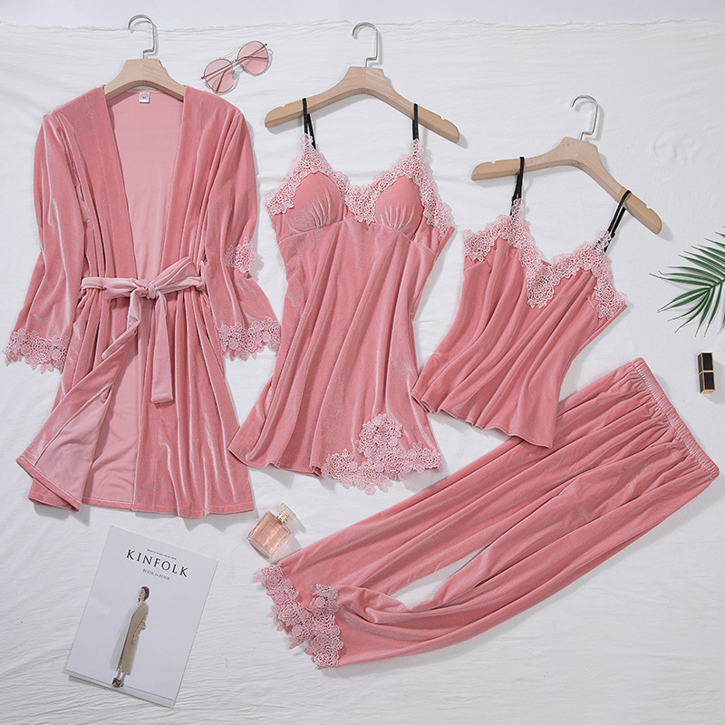 Picture of Velvet Pajamas for Women, Autumn and Winter Lace Nightdress, Camisole Robe Four-Piece Set, Long-Sleeve Loungewear, Thickened and Warm
