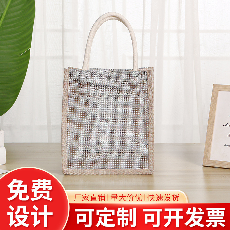 New spot wholesale diamond stitching imitation hemp handbag rhinestone jute bag imitation sack fashion flash Diamond handbag