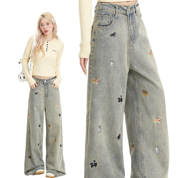 2025 new fun puppy embroidered jeans trendy American retro washed loose couple pair pants