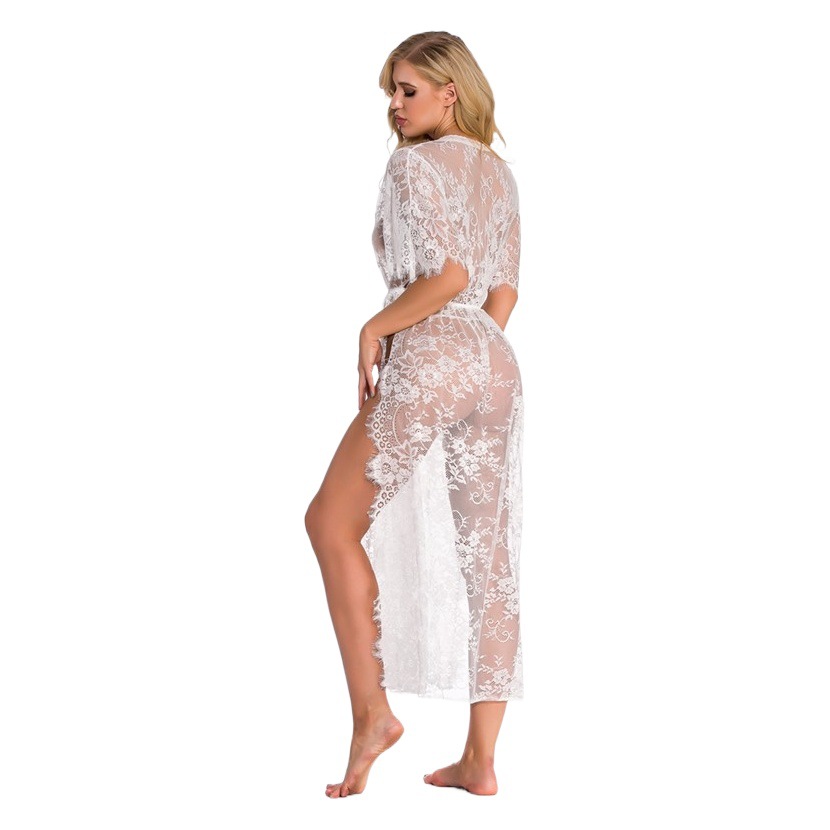 Amazon High Quality European and American Foreign Trade Sexy Underwear Lace Transparent Pajamas V-Neck Split Long Sexy Nightgown