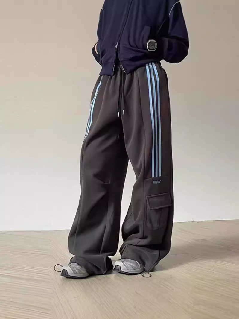 Heavy-weight Chinese Cotton Composite Sports Hip-hop Leisure Pants Women's Three-bar American-style Leg Loose Wide-leg Pants