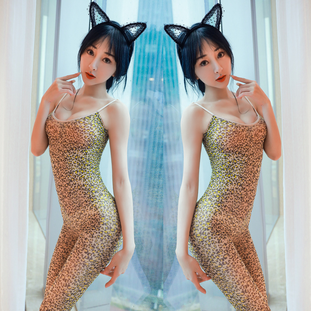 Fun Silk Stockings Jumpsuit Underwear Sexy Leopard Print Sling Uniform Temptation Jumpsuit Open Stocking Jumpsuit w339