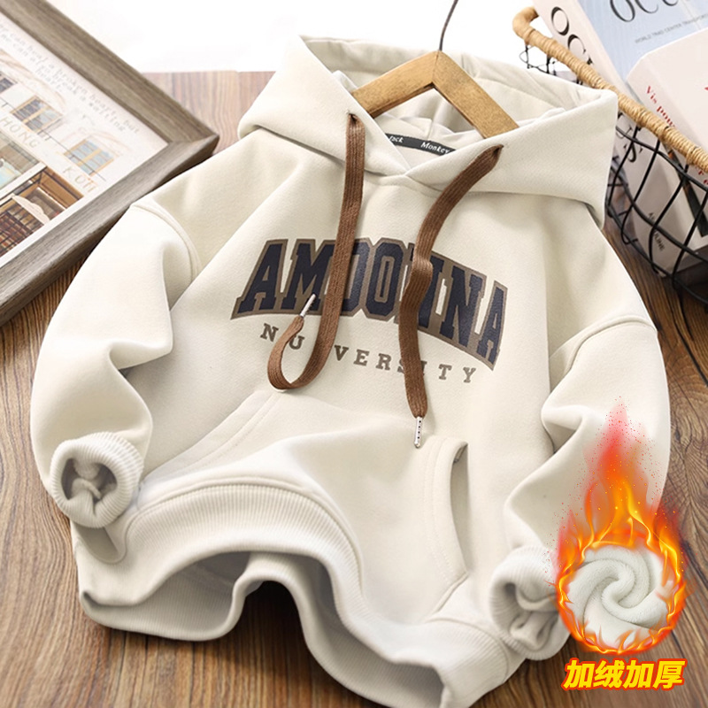 Boys fleece-lined vests autumn and winter children hooded pullover sports top 2024 winter new bottoming shirt tide