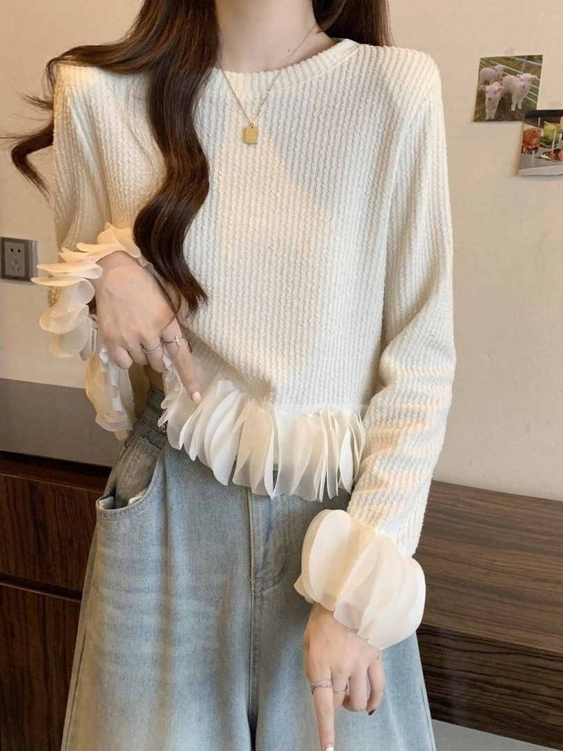 Autumn New Round Neck Slim-fit Slimming Spice Girl Petal Sleeve T-shirt Pure Desire Niche Ins Sexy Unique Top for Women