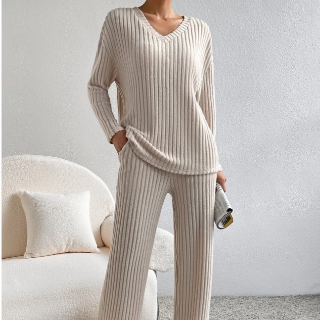 Cross-border Two-piece Women's 2023 Autumn New Fashion Casual Straight Pants Elegant Loose V-neck Pit Knitted Set