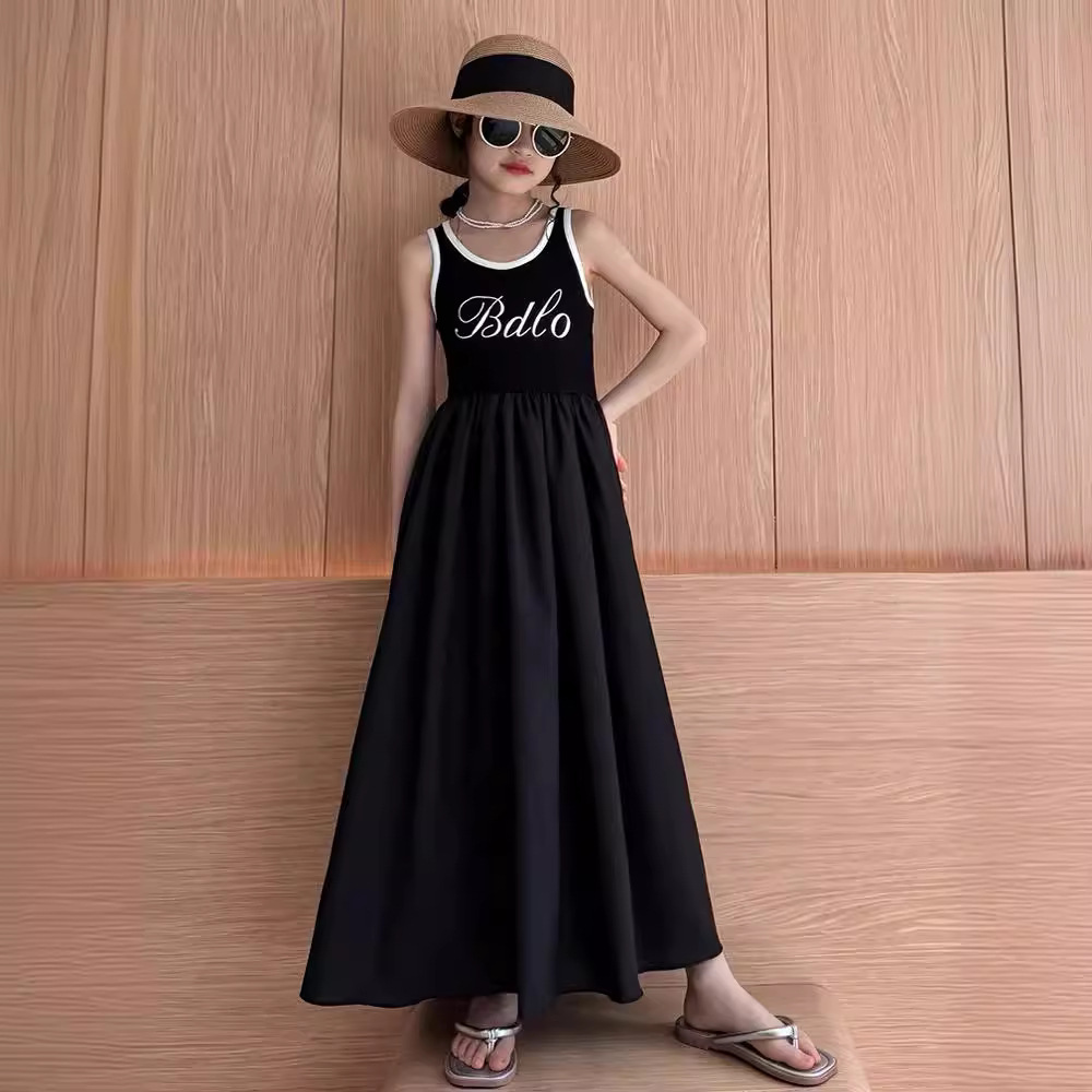 Internet Celebrity Girls Korean Style Fashionable Pure Color Vest Dress Kidsren Summer New Fashionable Letter Versatile Princess Dress