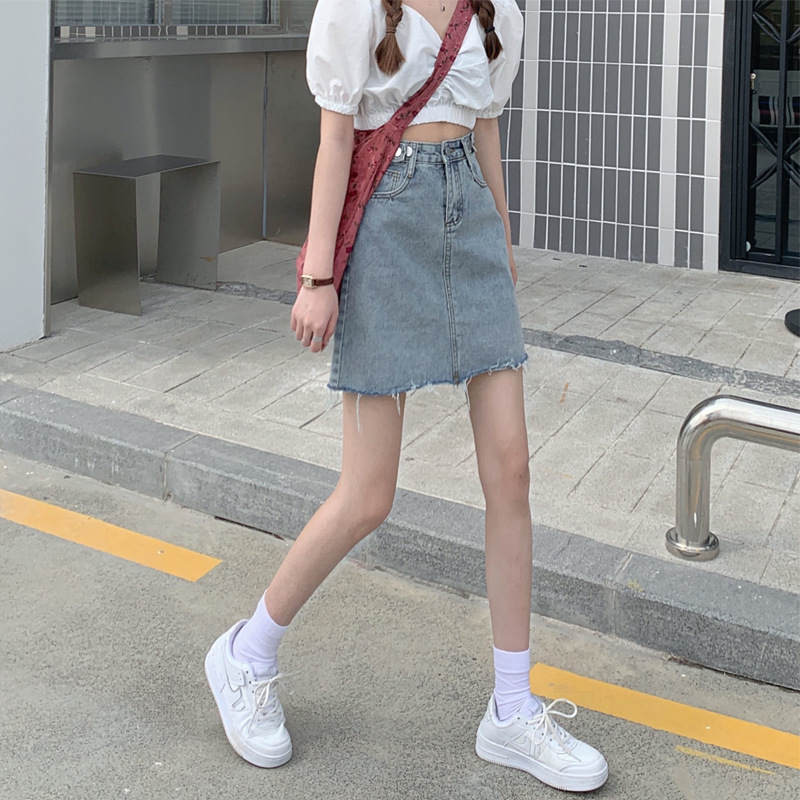 Korean Style Denim Skirt Women's Summer 2024 New High Waist Loose Slim A- line Hip Skirt