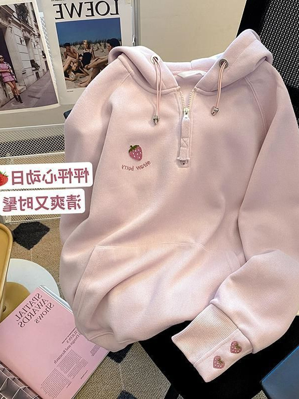 Pink Hooded Half Zipper American Style Lazy Sweatshirt Women's Autumn and Winter 2024 New Explosions Small Top Jacket