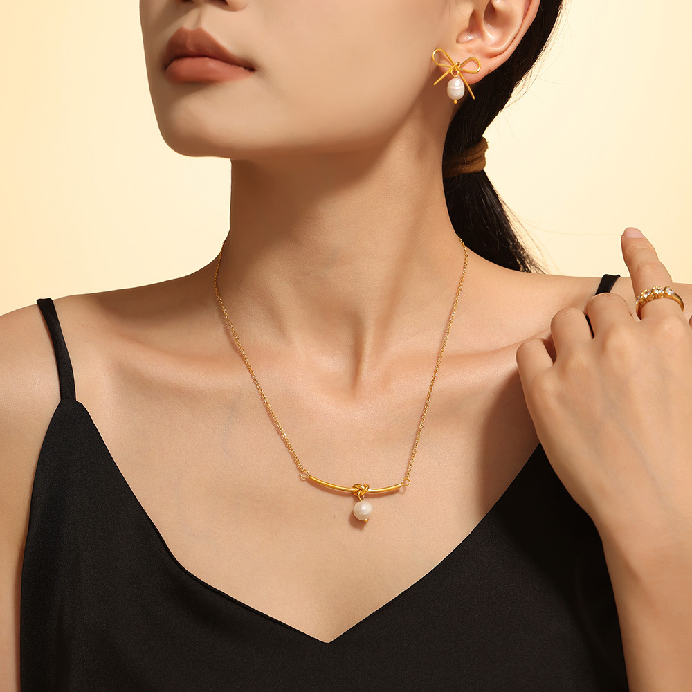 Picture of French Hollow Bow Earrings Freshwater Pearl Rope Necklace Stainless Steel Sweet Temperament Girlfriend Gift suit