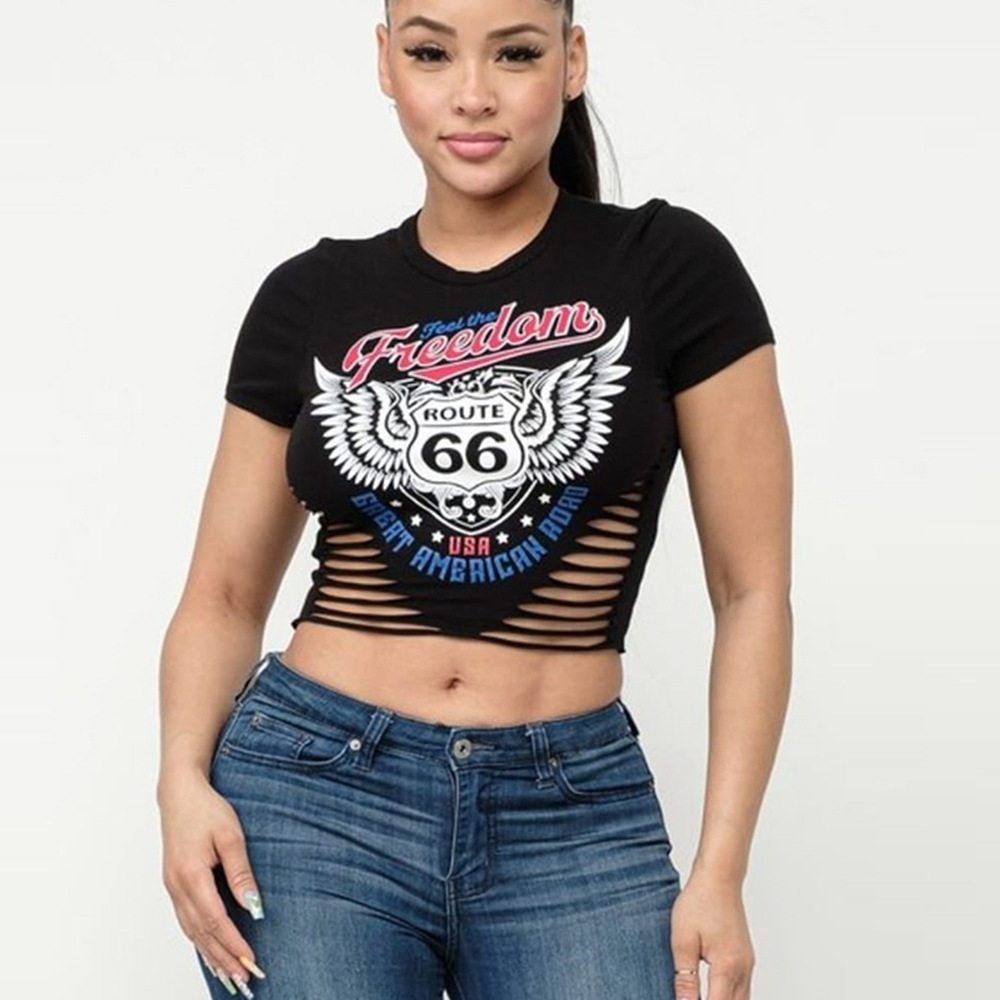 9446Td European and American Sexy Clothing Summer New Round Neck Navel Exposed Women's T-Shirt Versatile Tight Ripped Short-Sleeved Top