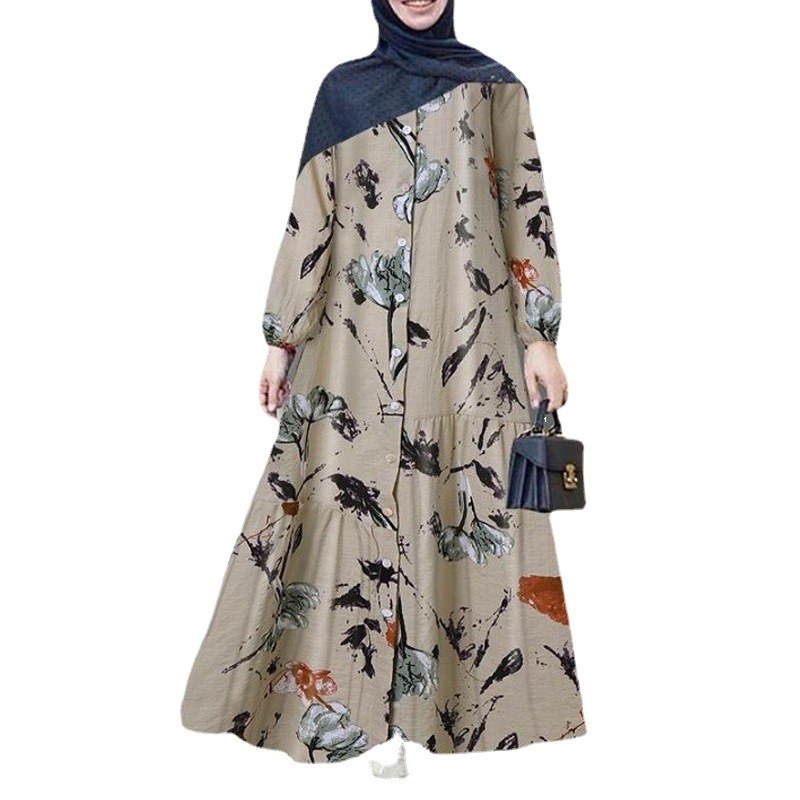 Picture of Muslim Clothing Plus Size Women's Cross-Border Cotton and Linen Long-Sleeved Fashionable Loose Casual Floral Long Dress for Women