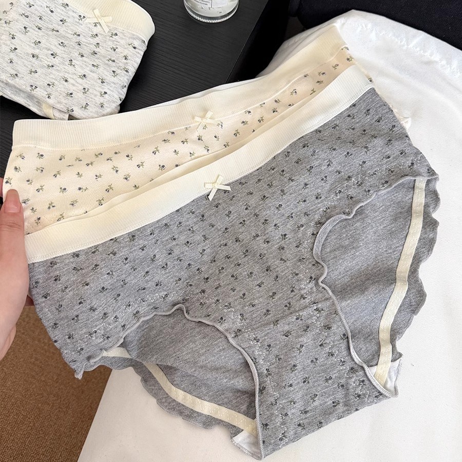 Simple Floral Underwear Women's Summer Thin Cotton Lengthened Crotch Girl's Ear-lined Hip Breathable Low-waisted Briefs
