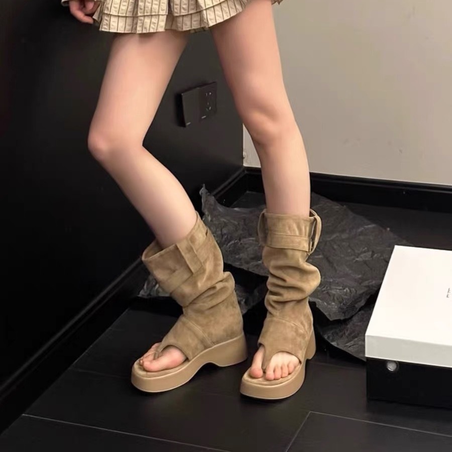 Fashionable Thong Boots 2025 New Thick-Soled Heightening Western Cowboy Pile Boots Flip-Flops Women's Short Boots Trbottomy