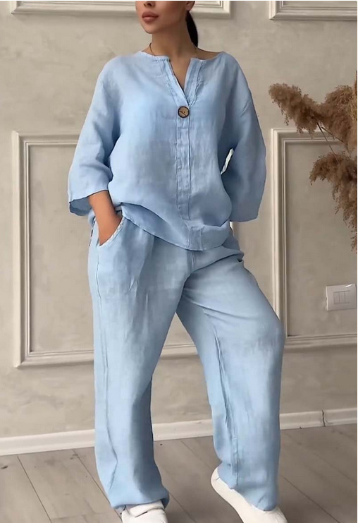 Picture of Amazon 2025 Europe and the United States cross-border new women's independent station AliExpress fashion solid color cotton casual suit pants