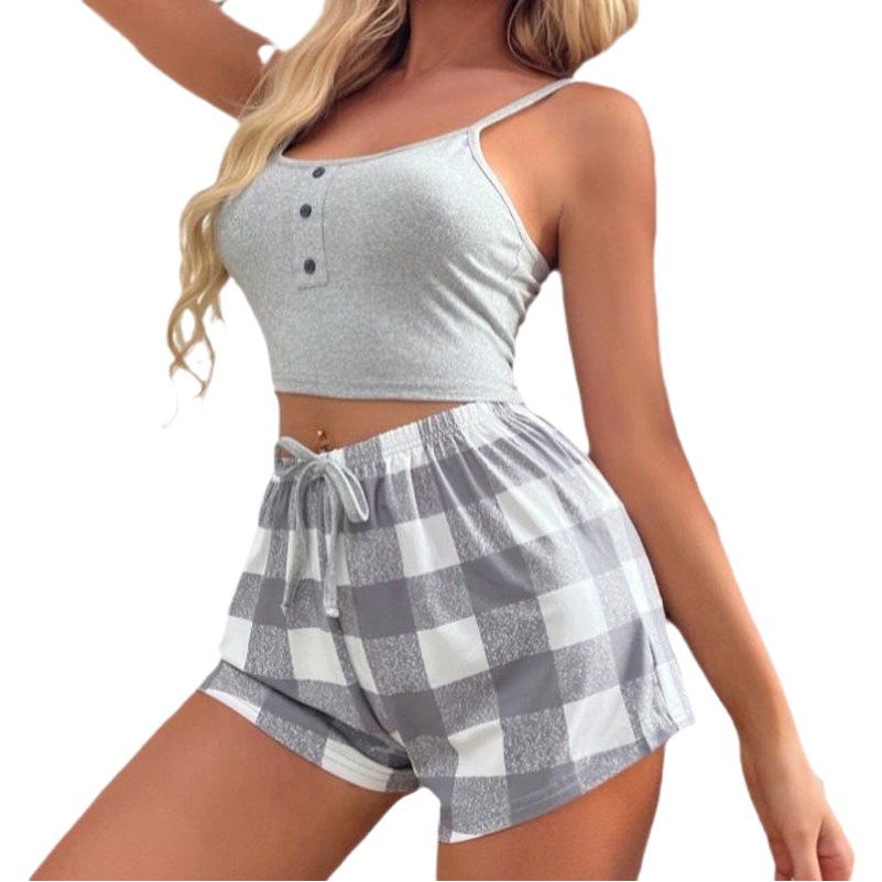 Temu Cross-Border Amazon European and American Style Suspender Pajamas Popular Suspender Plaid Shorts Pajamas Women's Home Wear Set