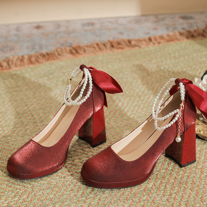 French Fairy Style Short High Heels Women's Thick Heel Red Xiuhe Wedding Shoes Women's Square Toe Shallow Mouth Comfortable Single-layer Shoes for Women