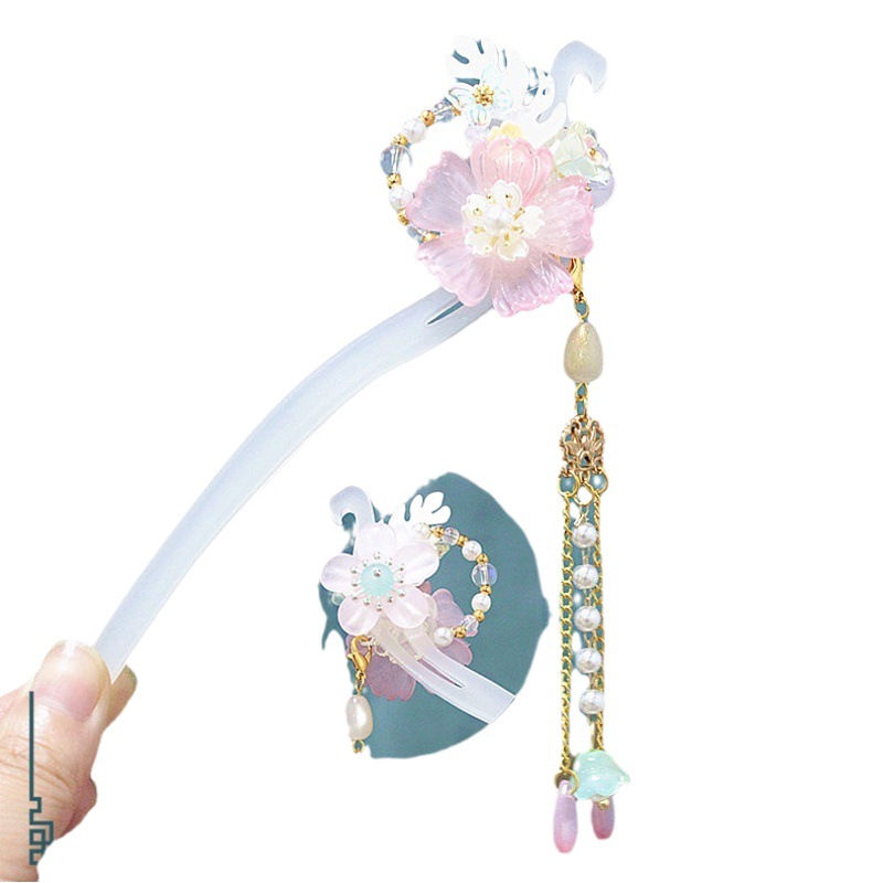 New Chinese style children's retro tassel hairpin Hanfu women's updo hairpin flower pendant National style double-sided design wholesale