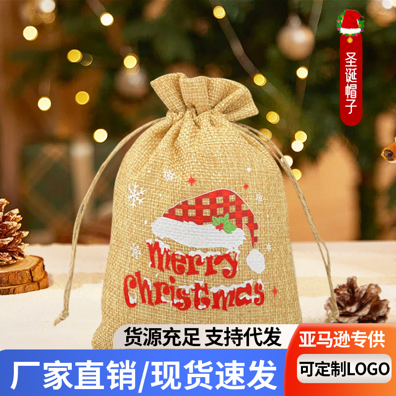 Christmas linen gift bag cross-border hot Christmas Eve apple gift decoration small cloth bag candy cloth bag