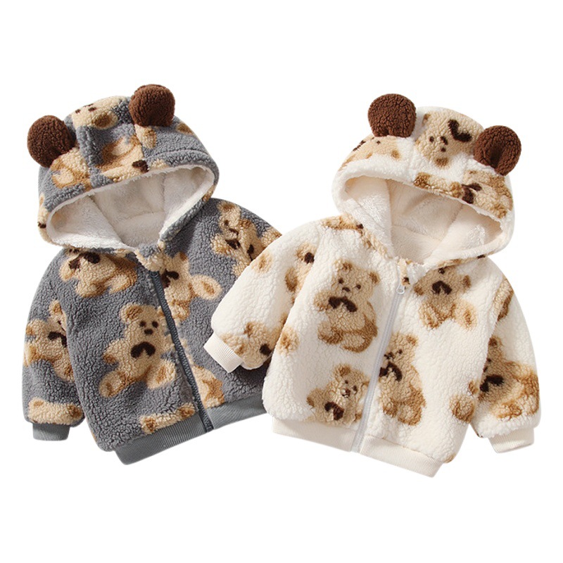 Children's Outwear Velvet Thickeneded Baby Warm Outing Clothes 2025 Autumn and Winter Cartoon Bear Hooded Baby Clothes