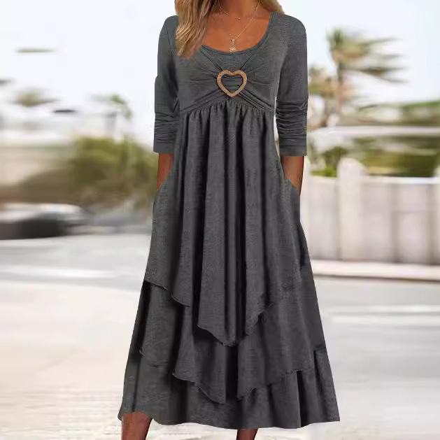in stock 22919# 2023 spring and autumn Europe and the United States new solid color waist love decoration layer cake hem leisure