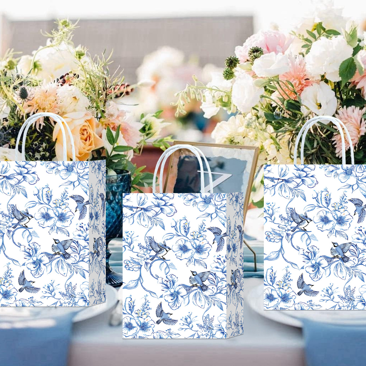 Factory new Amazon TEMU blue and white porcelain tote bag kraft paper bag universal paper bag ins style