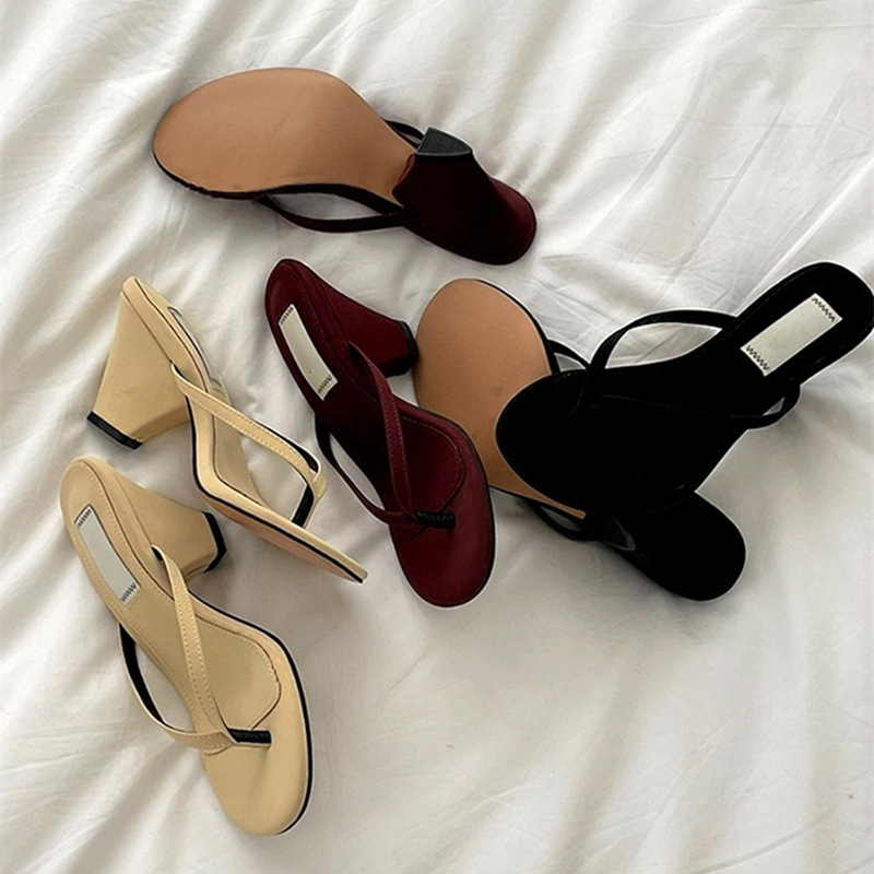Sheepskin Version ~ French Retro High-end High-heeled Women's Shoes Thong Toe Sandals Women's Summer Thick Heel Genuine Leather Opaire Sandals