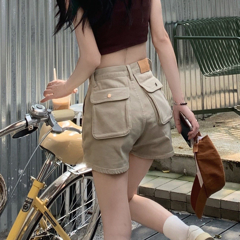 2025 Khaki Workwear Denim Shorts for Women Summer Thin High Waist Slimming Large Pockets Beautiful