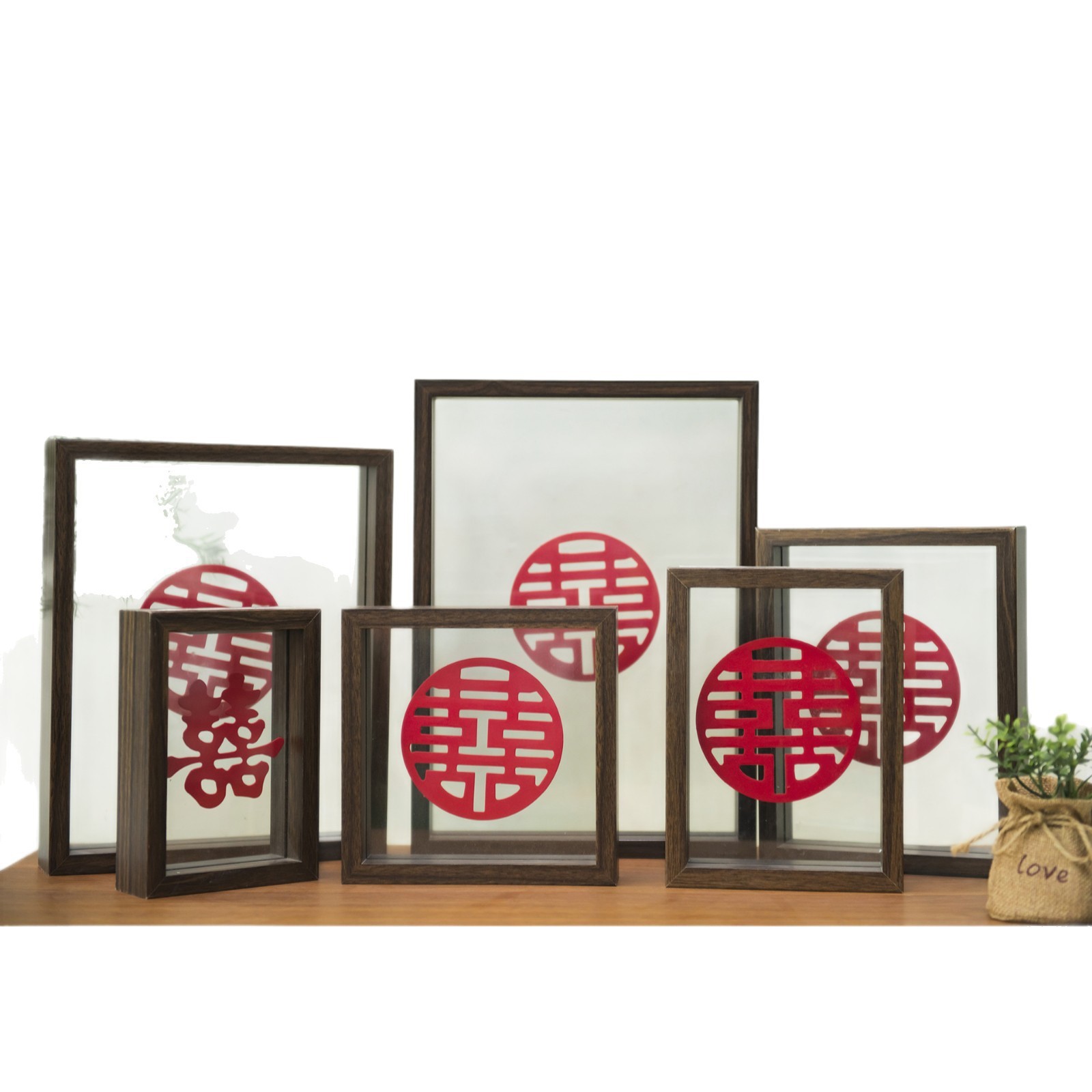 Picture of Leaf Photo Frame, Double-Sided Photo Frame with the Character for Happiness, Wedding Decoration, Leaf Carving Photo Frame, Chinese-Style Display Stand, Wedding Room Decoration, Double-Sided Photo Frame