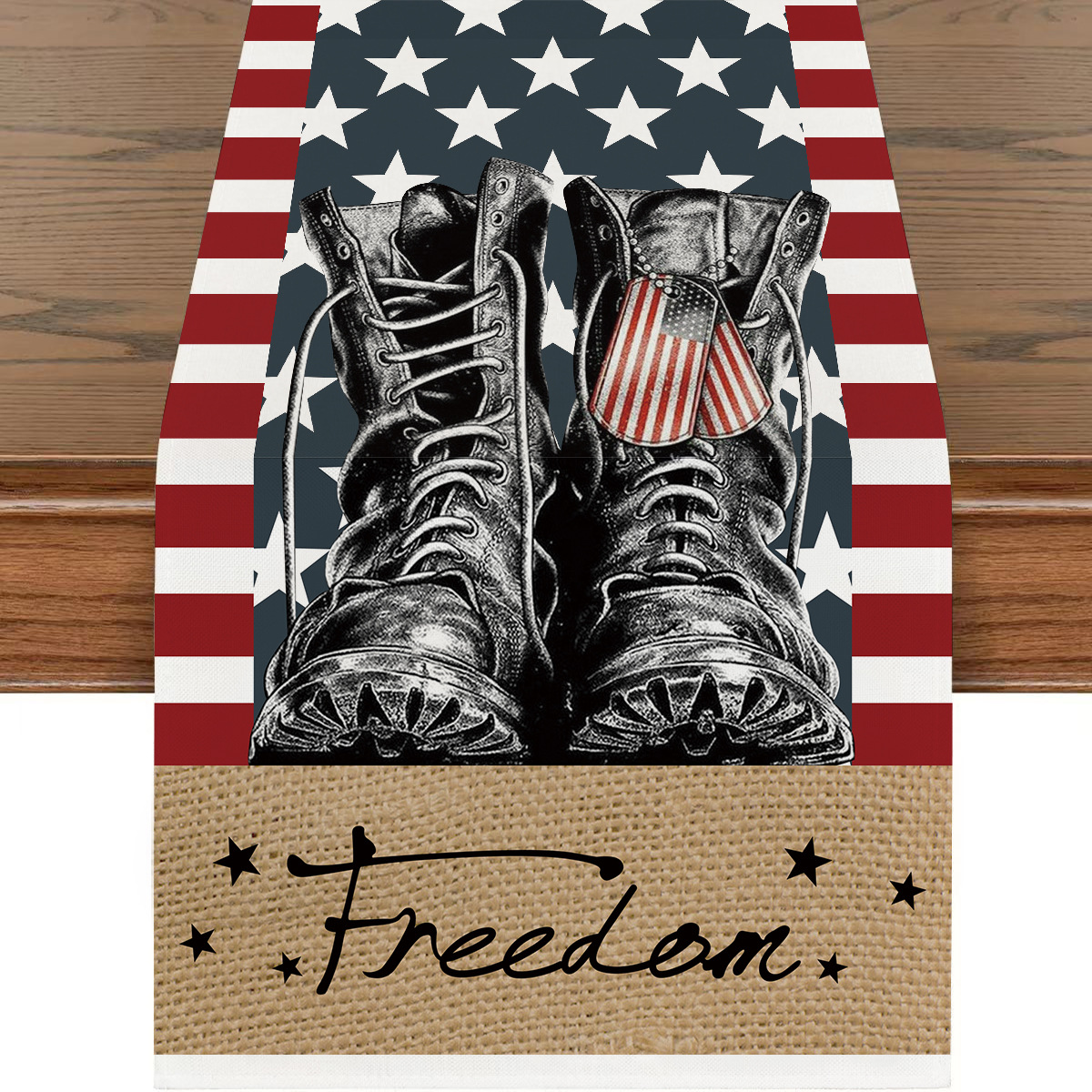 Picture of Explosions US Independence Day Decorative Table Runner Linen Star-stripe Printed Tablecloth Patriot Holiday Atmosphere Table Runner