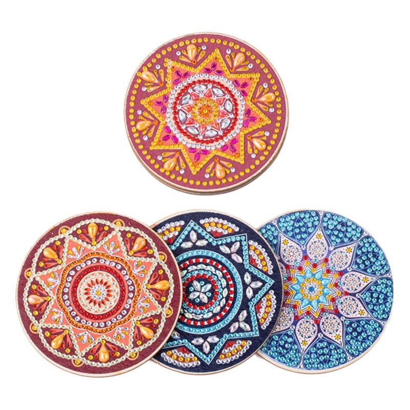 Amazon Best Selling 5D Handmade DIY Wooden Dot Diamond Insulated Anti-Slip Diamond Painting Mandala Coaster with Stand