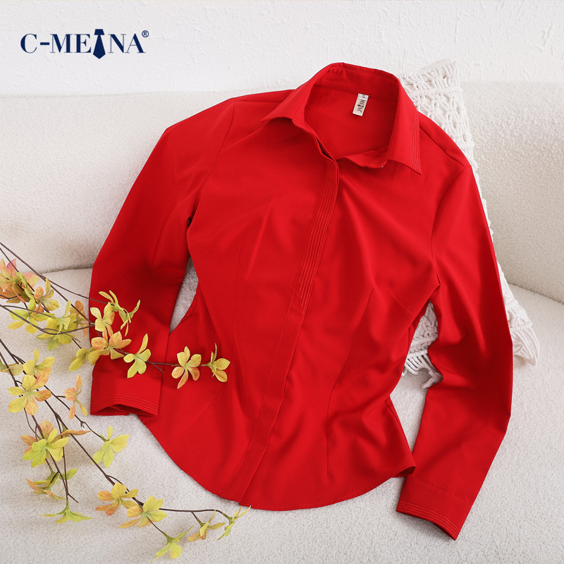 Picture of Elegant Commuter New Women's Long Sleeve Square Neck Single-Breasted Slim Fit Chiffon White Shirt