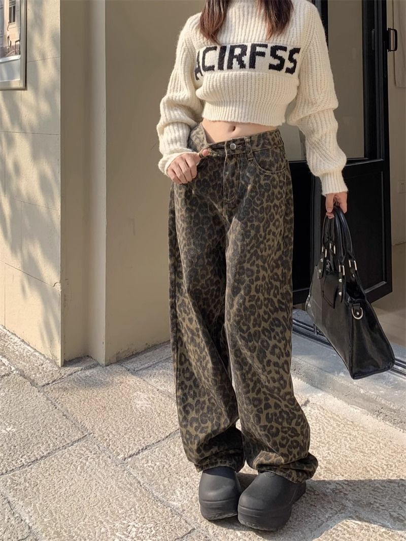 American Leopard Print Wide Leg Jeans Women's Autumn and Winter Design Retro High Waist Straight Pants Loose Floor Long Pants