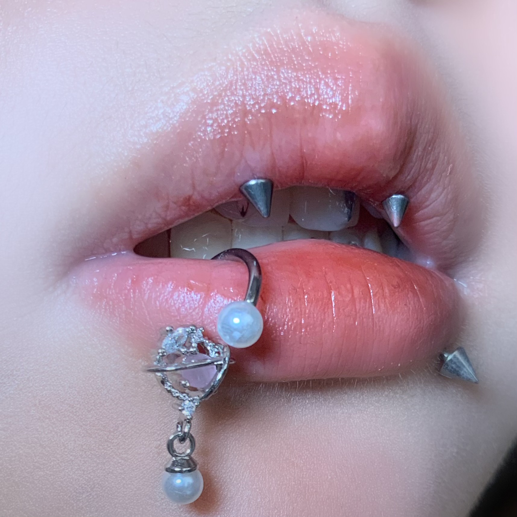D-ring star ball pearl chain pendant cat's eye stone diamond zircon lip ring titanium steel piercing jewelry cute ins sweet cool